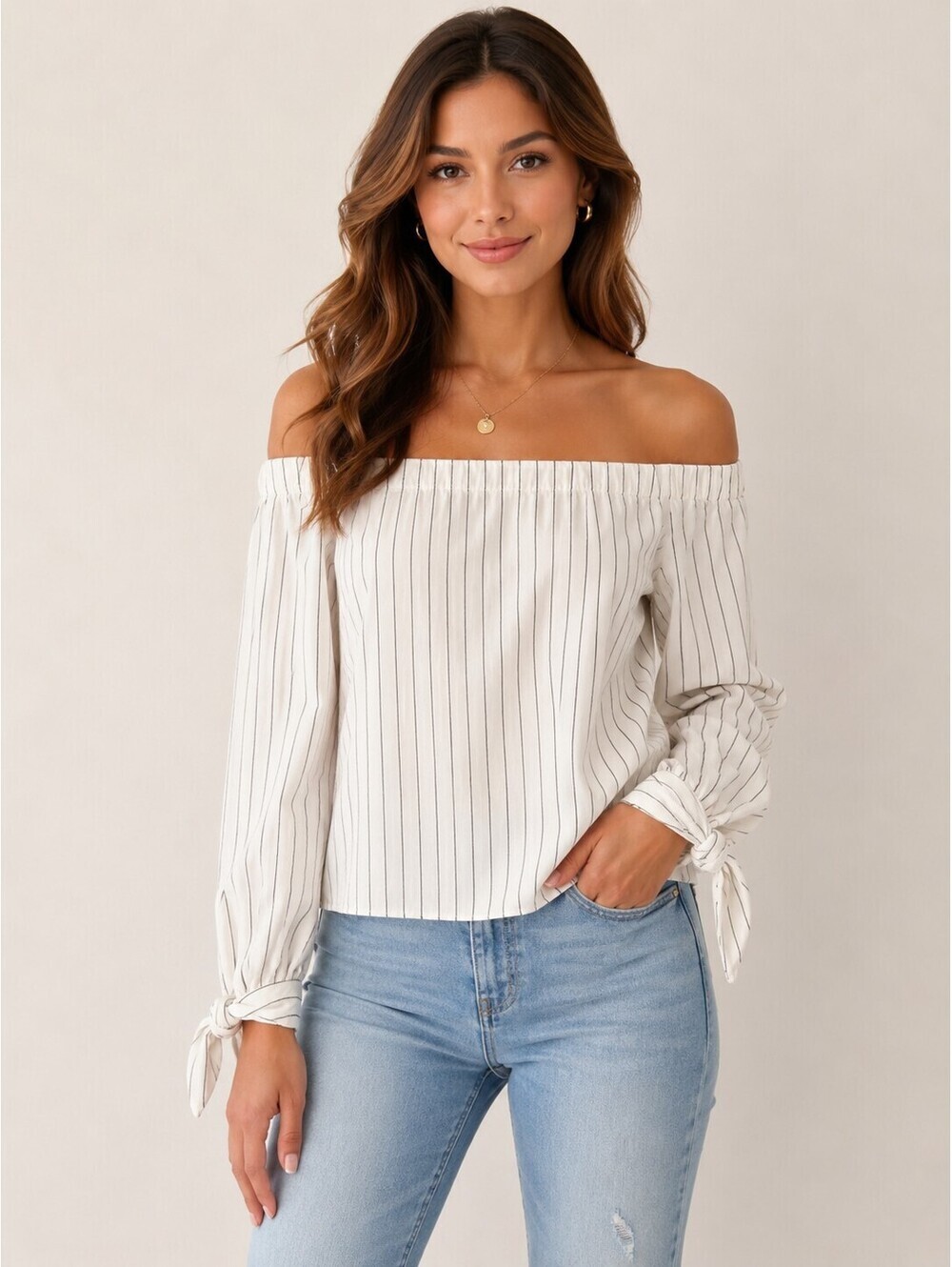 Bailey/44 Off Shoulder Striped Blouse Large White Black Tie Sleeve Top